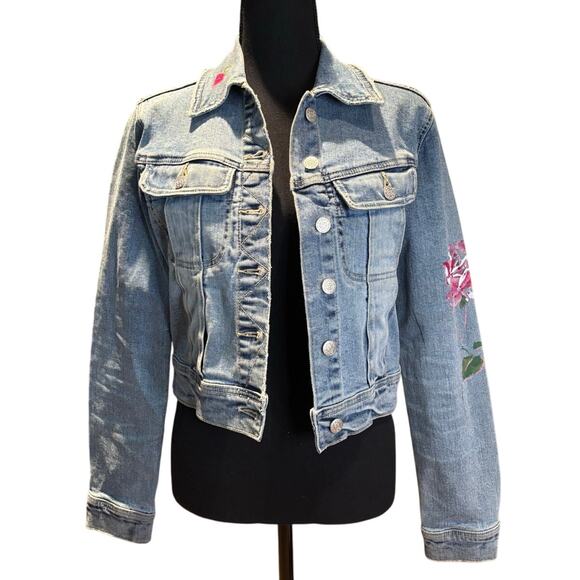 BEBE Denim Jean Jacket with Hand Painted Pink Roses Size Sm, EUC - Picture 1 of 5